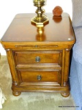 (FR) PAIR OF BASSETT BROWN MAHOGANY FINISH LAMP TABLES, HAS PULL OUT TRAY, TWO DRAWERS, IS SETUP SO