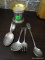 3 PIECES OF STERLING: BABY FORK AND SPOON (MATCHING). STERLING MAY SOUVENIR SPOON WITH JEWEL. HAS