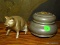 CAST IRON PIG BANK 5''X3''X3'' INCLUDES A SMALL PEWTER TRINKET MUSIC BOX 4.5'' DIA 3.5'' TALL