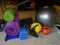 EXERCISE LOT: 6LB MEDICINE BALL. WEIGHTED JUMP ROPE. PAIR OF 5LB DUMBBELLS. 2 FLOOR MATS. ETC.