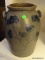 COBALT BLUE DECORATED 2 GAL CROCK WITH LUG HANDLES. SHOWS HAIRLINE ON BOTTOM. 9.5'' DIA 13''