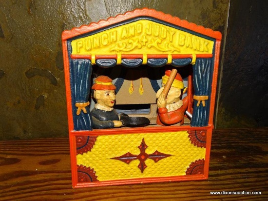 CAST IRON PUPPET SHOW BANK " PUNCH AND JUDY BANK" 6.25''X2.5''X7.25''