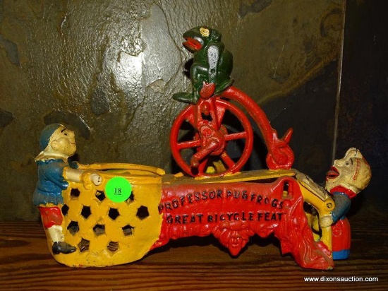CAST IRON BANK "PROFESSOR PUG FROGS GREAT BICYCLE FEAT" 10.5''X3''X7.5''