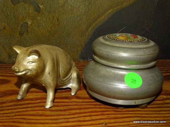 CAST IRON PIG BANK 5''X3''X3'' INCLUDES A SMALL PEWTER TRINKET MUSIC BOX 4.5'' DIA 3.5'' TALL