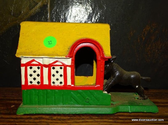 CAST IRON BANK WITH DONKEY AND STABLE 8.5''X3.25''X5.5''