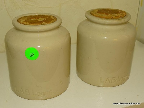 PAIR OF LAB LAGNY QUART CROCKS WITH STOPPERS 4'' DIA 4.75'' TALL