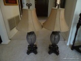 PAIR OF BRONZE TONED AND GLASS DECORATORS LAMPS WITH SILK SHADES AND FINIALS: 9