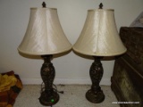 PAIR OF BRONZE TONED DECORATORS LAMPS WITH SILK SHADES AND FINIALS: 7