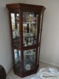 CHERRY CURIO CABINET WITH 4 SIDE DOORS AND MIRRORED BACK WITH LIGHT UP INTERIOR. HAS 4 GLASS