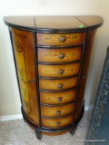 PAINTED LIFT TOP DEMILUNE JEWELRY CHEST WITH 6 PAINTED DRAWERS AND 2 SIDE DOORS: 22