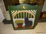 PAINTED WOODEN FIREPLACE SCREEN. CENTER PANEL IS PAINTED WITH CAT AND FLOWERS. HAS 2 LOUVERED SIDE