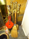 SET OF BRASS FIREPLACE TOOLS: SHOVEL. TONGS. POKER. BRUSH. INCLUDES A BROOM AND BELLOWS.