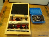 BOX OF CRAFTSMAN ROUTER BITS. BRAND NEW NEVER USED. IN DOVETAILED BOX.