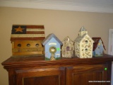 5 DECORATIVE BIRDHOUSES. 4 ARE WOODEN. 1 IS CAST PLASTER WITH STONE. LARGEST: 13
