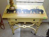VINTAGE PAINTED TABLE WITH ELEPHANTS. HAS 1 DRAWER. HAS STRETCHER BASE: 33