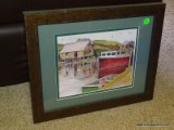 FRAMED AND DOUBLE MATTED WATER COLOR PRINT OF A FISHING VILLAGE. IN A WALNUT STAINED FRAME: