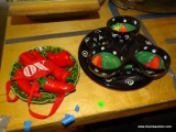 MISC. LOT: CHILI PAINTED SERVING DISHES. DIP TRAY. SALT AND PEPPER SHAKERS. (8 PIECES TOTAL)