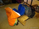 LOT OF MISC. TOTES: 2 AMERICAN TOURISTER (1 MAKEUP BAG.) BEACH BAG WITH HATS. 2 NECK PILLOWS.