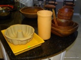 5 ITEMS: EMILY HENRY CASSEROLE DISH WITH CHIP. STONEWARE BUNT PAN. TERRACOTTA 10.5