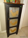 PAINTED 1 DOOR CABINET WITH PINE TOP. HAS APPLIED ROOSTER DECORATION ON DOORS: 20