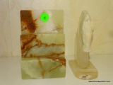 2 STONE CARVED ITEMS. 1 IS A ONYX BOOK END 4''X2.5''X6'' AND THE OTHER IS A HORSE HEAD SHAPED BOOK