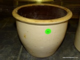 1 GAL. GLAZED CROCK. HAS BEEN REPAIRED. BUT IS OTHERWISE IN GOOD CONDITION. 9'' DIA 7'' TALL