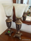 PAIR OF DECORATORS LAMPS WITH FROSTED GLASS SHADES. 4.5''X4.5''X18.5''