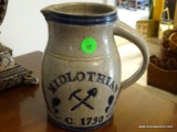 BLUE AND GRAY GLAZED PITCHER COMMEMORATING MIDLOTHIAN VA 1730. IS SIGNED ON BOTTOM BUT IS ILLEGIBLE: