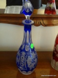 BLUE CUT TO CLEAR DECANTER WITH STOPPER. 13'' TALL