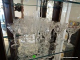 SHELF LOT OF OF ETCHED GLASS STEMWARE. INCLUDES 6 RED WINE GLASSES, 5 SHERRY'S, 5 WATER GLASSES, AND