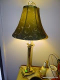 (LR) BRASS COLUMNED LAMP WITH SHADE AND FINIAL. 5.5''X3''X27''