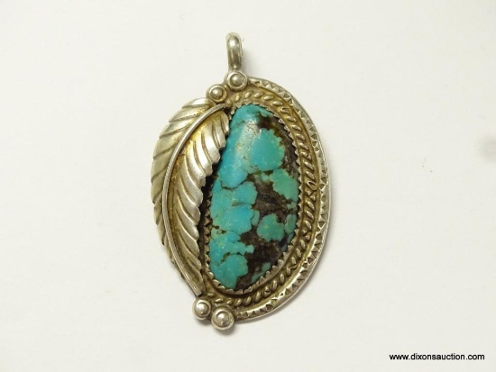 UNISEX .925 STERLING SILVER NATIVE AMERICAN PENDANT WITH TURQUOISE, SIGNED H. BEAUTIFUL FEATHER