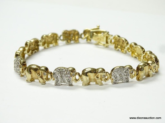.925 STERLING SILVER & 14KT YELLOW GOLD OVERLAY ELEPHANT DESIGNED BRACELET. MEASURES APPROX. 8-1/4"