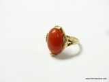 10K YELLOW GOLD LADIES ART DECO 1 CT OVAL RED CORAL RING 3.7 GRAMS. SIZE 5.75