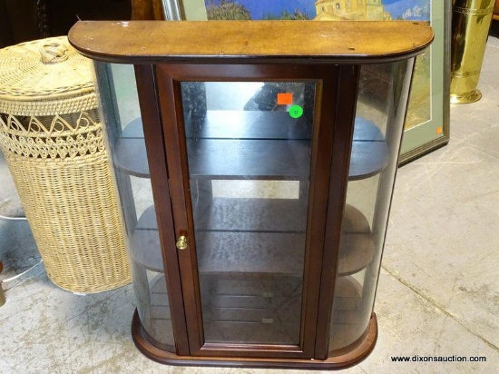 (W1) BOMBAY CO. CHERRY HANGING DISPLAY CABINET WITH BOWED GLASS SIDE PANELS AND 3 SHELVES. HAS