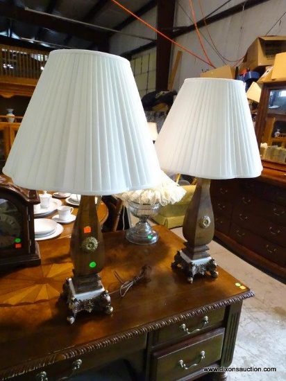 (W1) PAIR OF WOOD, MARBLE AND METAL BASED LAMPS. HAVE CLOTH SHADES WITH FINIALS: 7"x30". IN VERY