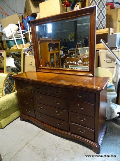 (W1) FORBIDDEN CITY FURNITURE CO. CHERRY WITH MAHOGANY 11 DRAWER DRESSER WITH MIRROR. HAS 3"