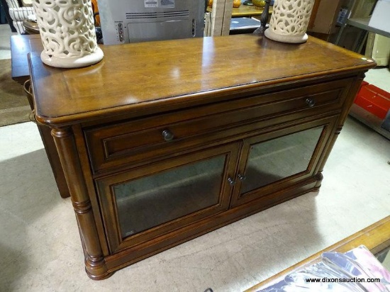 (W1) WHALEN CHERRY BANDED CREDENZA WITH 3" BANDED TOP. HAS 1 CENTER DRAWER. HAS 2 LOWER BEVELED