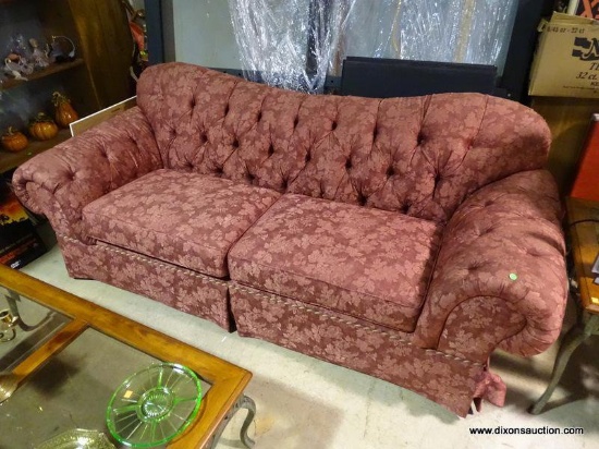 (W1) MAROON FLORAL UPHOLSTERED BUTTON TUFTED SOFA. IN VERY GOOD CONDITION: 89"x42"x37" DELIVERY IS