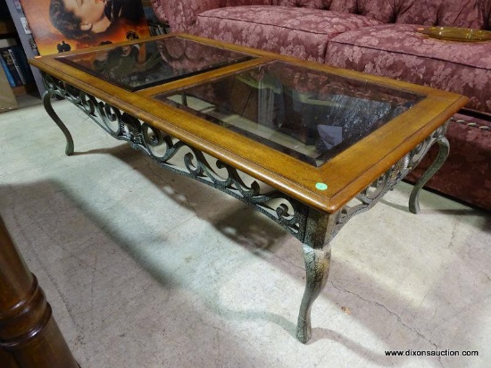 (W1) CHERRY METAL BASED AND BEVELED GLASS TOP COFFEE TABLE. IN VERY GOOD USED CONDITION: