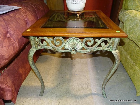 (W1) CHERRY METAL BASED AND BEVELED GLASS TOP END TABLE. IN VERY GOOD USED CONDITION: 23"x28"x23.5".