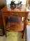 (LR) MERSMAN MAHOGANY INLAID LAMP TABLE WITH LOWER SHELF. 16''X24''X23.5'' IS IN EXCELLENT CONDITION