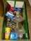 (K) BOX LOT INCLUDING SOME PLASTIC WARE, LIGHT BULBS, SILVER-PLATE BASKET, AND MORE