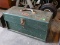 (G) PARK GREEN METAL TOOL BOX. MODEL P22N. INCLUDES A PIPE WRENCH AND A COUPLE OF ODD TOOLS INSIDE.