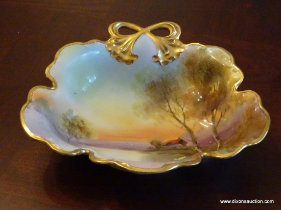 (DR) NORITAKE HAND DECORATED BOWL. MARKED MADE IN JAPAN. HAS A LAKE SCENE WITH A SWAN AND FARM