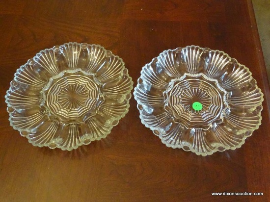 (DR) 2 GLASS EGG PLATES WITH MATCHING PATTERNS. EACH IS 10'' DIA