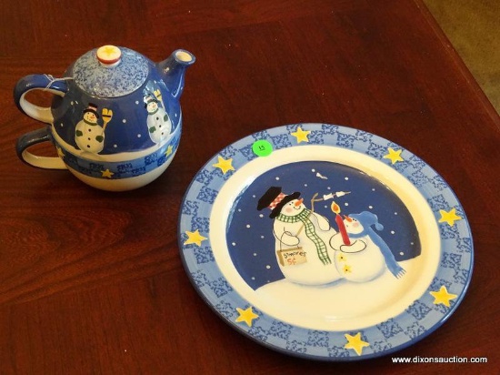 (DR) JOLLY FOLLIES "THE S'MORE THE MERRIER TEA POT AND SNOWMAN PLATE