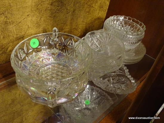(DR) MISC. GLASS LOT. INCLUDES A 2 HANDLED BOWL, A IRIDESCENT BOWL, A PRESSED CUT VEGETABLE DISH,