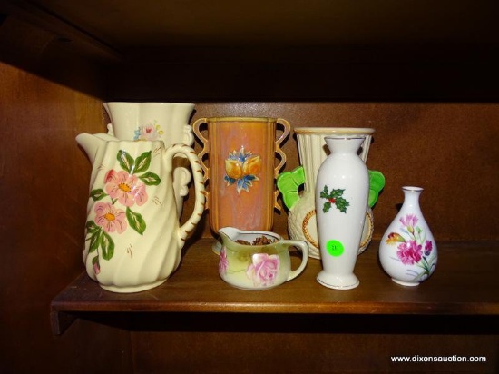 (DR) 3 VASES, 1 WATER PITCHER, 2 SMALL BUD VASES, AND A TILLOWITZ CREAMER