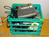 (B2) TEAL GREEN TOTE FILLED WITH FILM CAMERAS, A WIRELESS THERMOMETER, A DYNAMO LABEL MAKER, ETC.